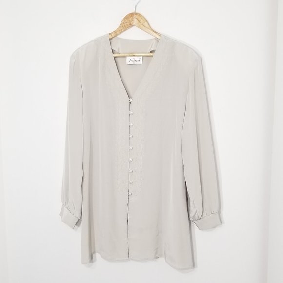Vintage Tops - Vintage Jessica Light Sand Women's Y2K V-Neckline Button Front 90s Blouse Top